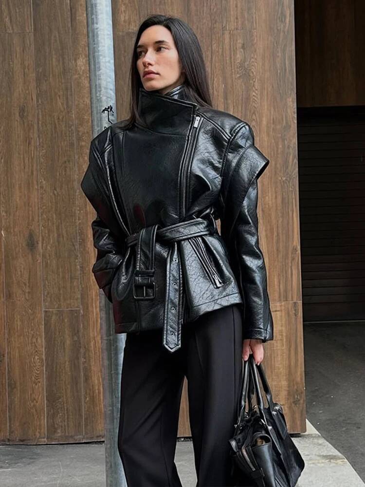 Black PU Leather Jacket Motorcycle Lapel Long Sleeve Zipper Lace Up Casual Coat Top for Autumn High Streetwear 2025 dongdumaoyi