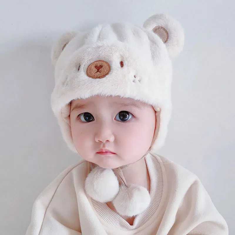 Cute Winter Warm Kids Girl Boys Baby Hats Fleece Wool Hemming Caps with Ball Solid Wool Ear Protection Hats Soft Newborn BonnetL251024