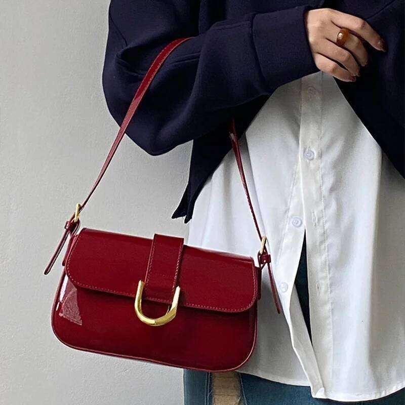 Retro Cherry Patent Shoulder For Women Bag Solid Color Underarm Bags Red Crossbody Lady Handbag