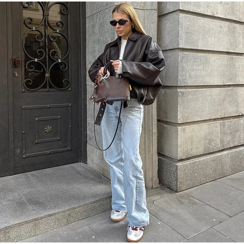 Vintage PU Leather Bomber Jackets 2025 Autumn Ladies Zipper Lapel Long Sleeve Pocket Coat With Belt Womens Loose Streetwear 251018