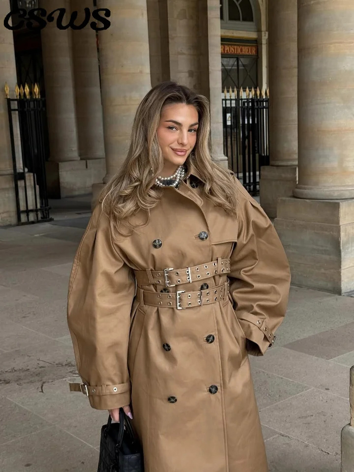 Elegant Double Belt Women Windbreaker Casual Khaki Long Sleeve Lapel Button Female Jacket Autumn Winter Lady Streetwear 251021