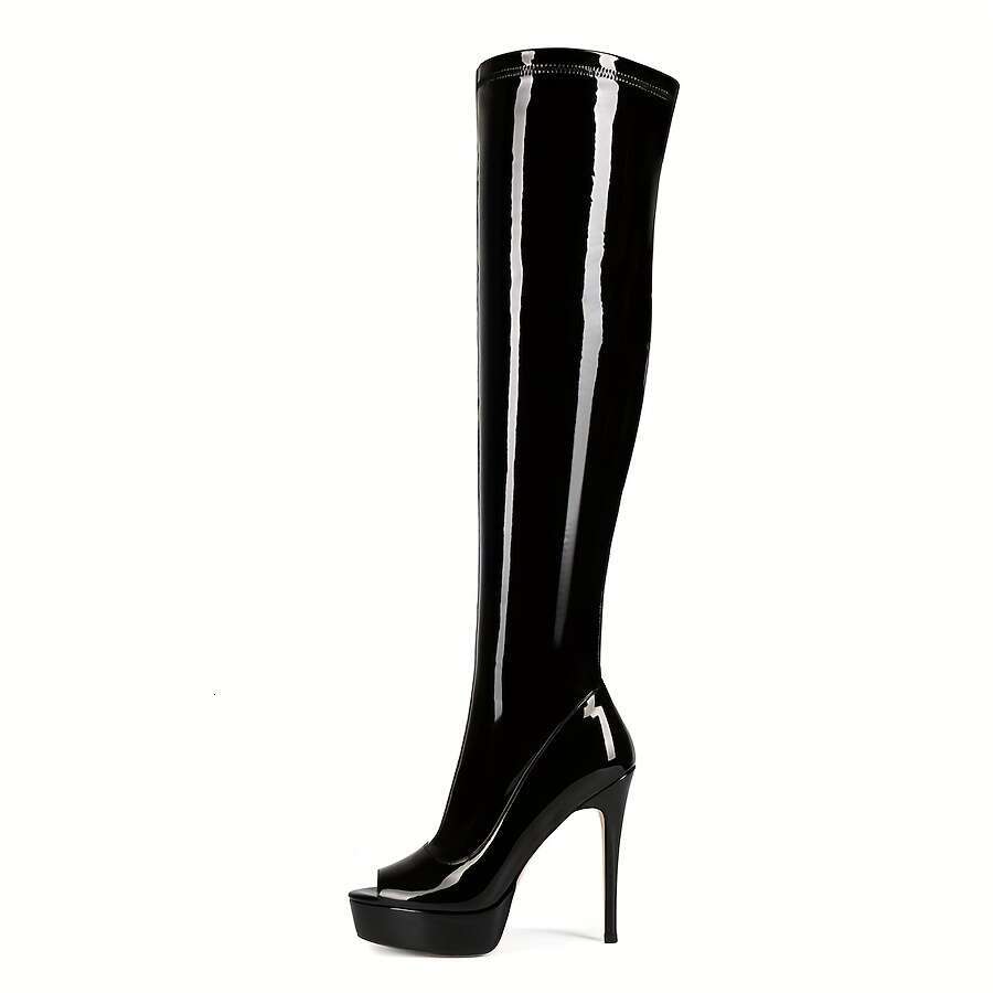 Women's Ultra-High Slip-On Glossy Black Evening Boots With Thick Heels, Slip-Resistant Rubber Sole Party, Formal, Everyday Extended Sizes Availab