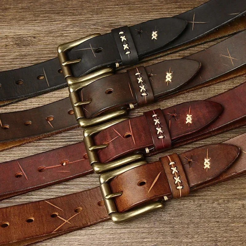 38CM Men High Quality Genuine Leather Belt Brass Pin Buckle Belts Pure Cowskin Vintage Strap Male Jeans for Man 251013