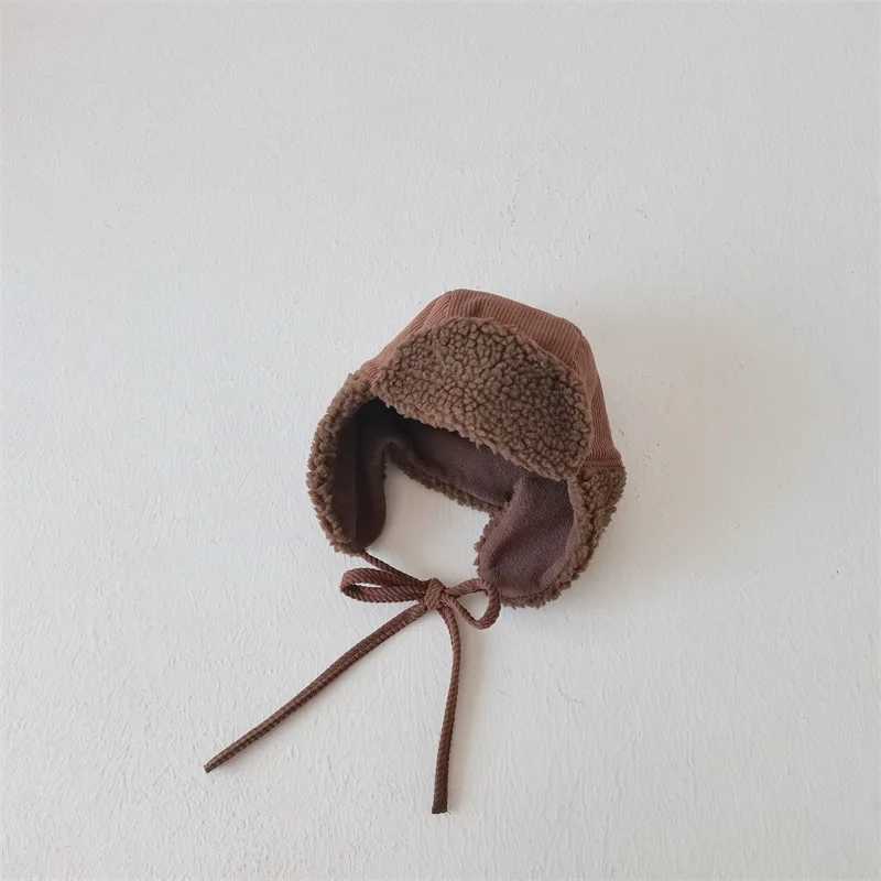 Autumn Winter Children Plus Velvet Earmuffs Windproof Coldproof Warm Corduroy Cap Boy Girl Baby Fleece Cotton Thicken Solid HatL251024