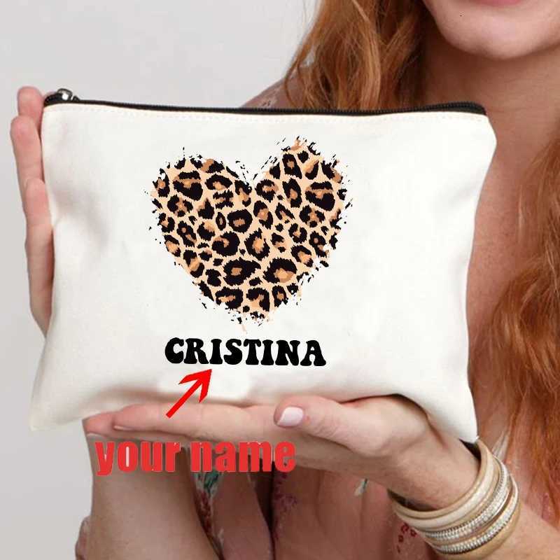 Heart Leopard Pattern Name Customization White Makeup Bag Canvas Wash Bag Organizer Fashion Travel Lipstick Storage Bags WalletT251024