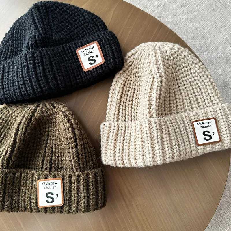 SLetter Children Woolen Cap 16year Kids Winter knitted Melon Hat Toddler Warm Sweater Bonnet Korean Baby Solid Color BeaniesL251024
