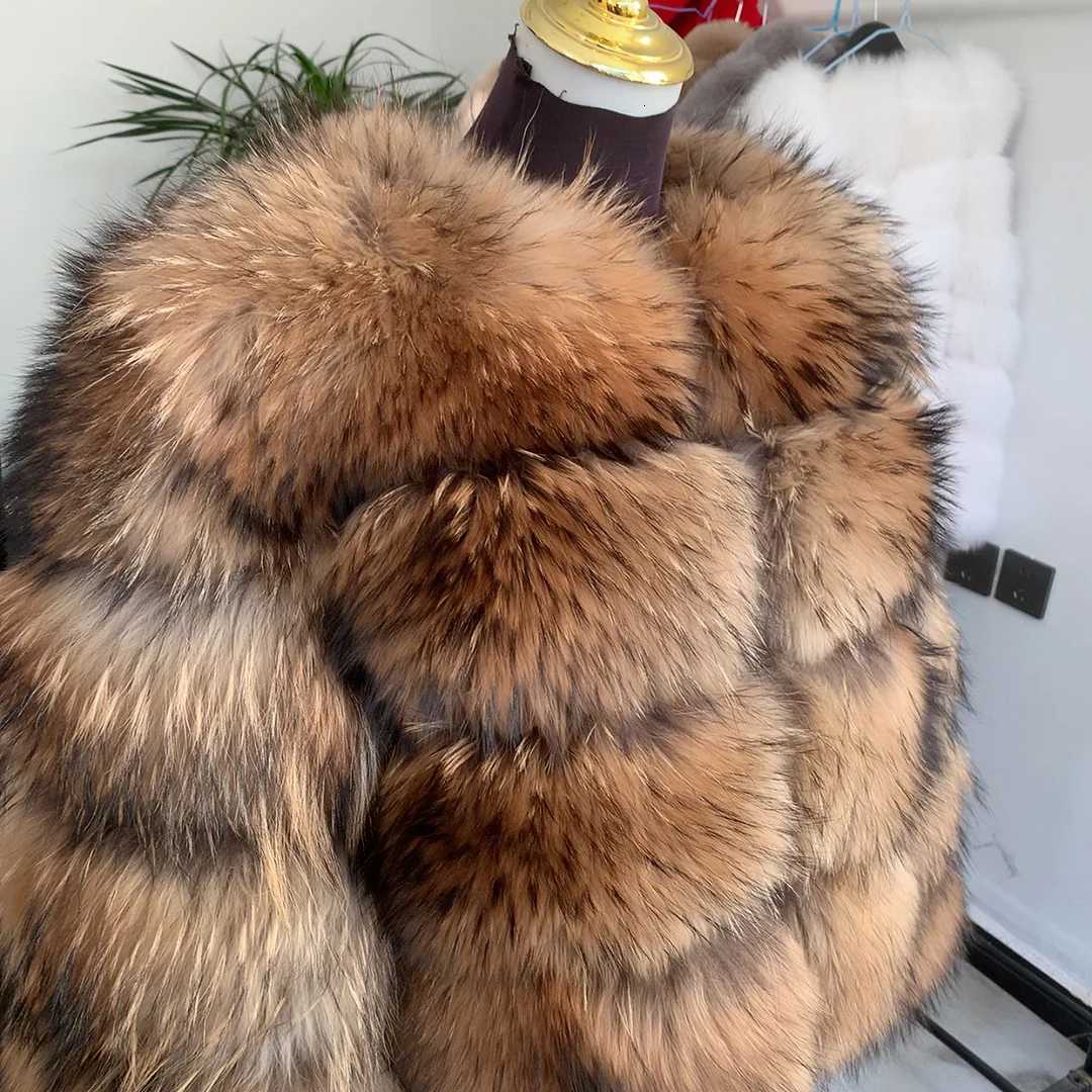 Womens Natural real fur Coat and real Raccoon Fur jacket winter warm thick Long SLeeve fur jacket 100 real fur Top H251024