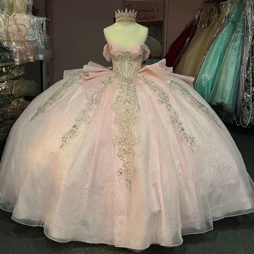 Pink Illusion Ruffles Bow Quinceanera Dresses Ball Gown Sequined Appliques Lace Sweet 15 Anos Mexican