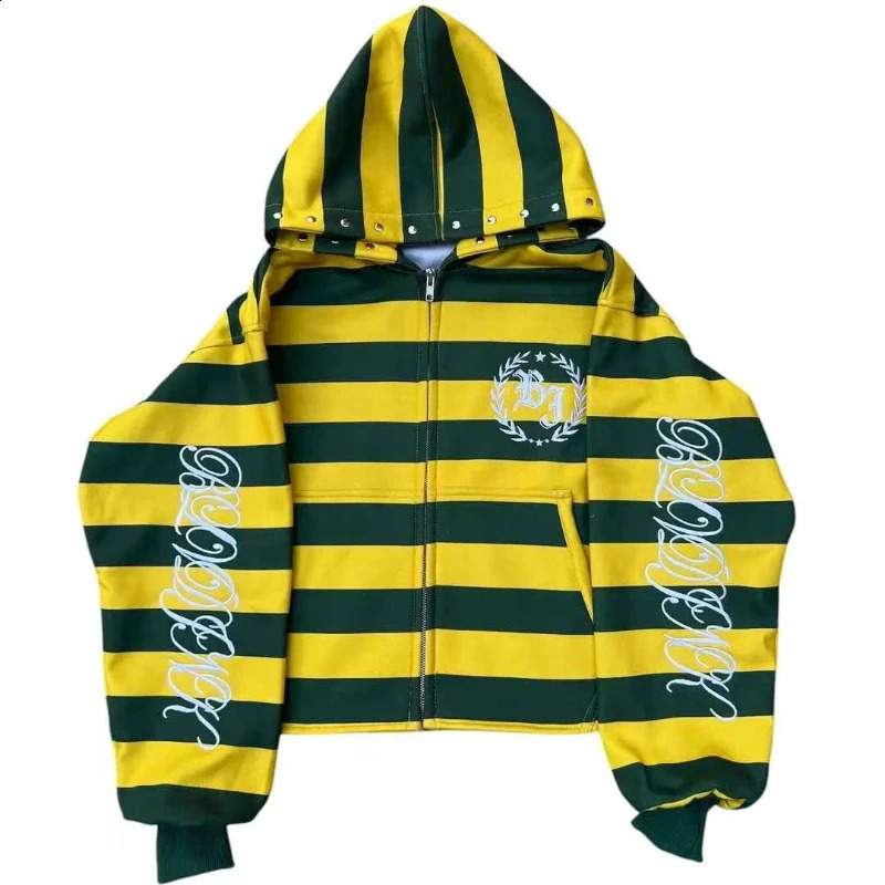 Y2K Retro Stripe Sweatshirt Rivet Embroidery Street Kid Zip Up Hoodie Hip Hop Color Blocking Streetwear Unisex Boxy Clothing 251018