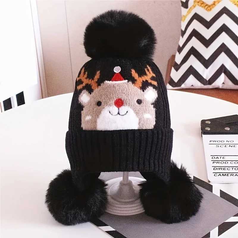 Youngsters Christmas Elk Beanie Hat with Detachable Ear Flaps PomPom Soft Stretchy Warm Winter Hat for Boys GirlsL251024