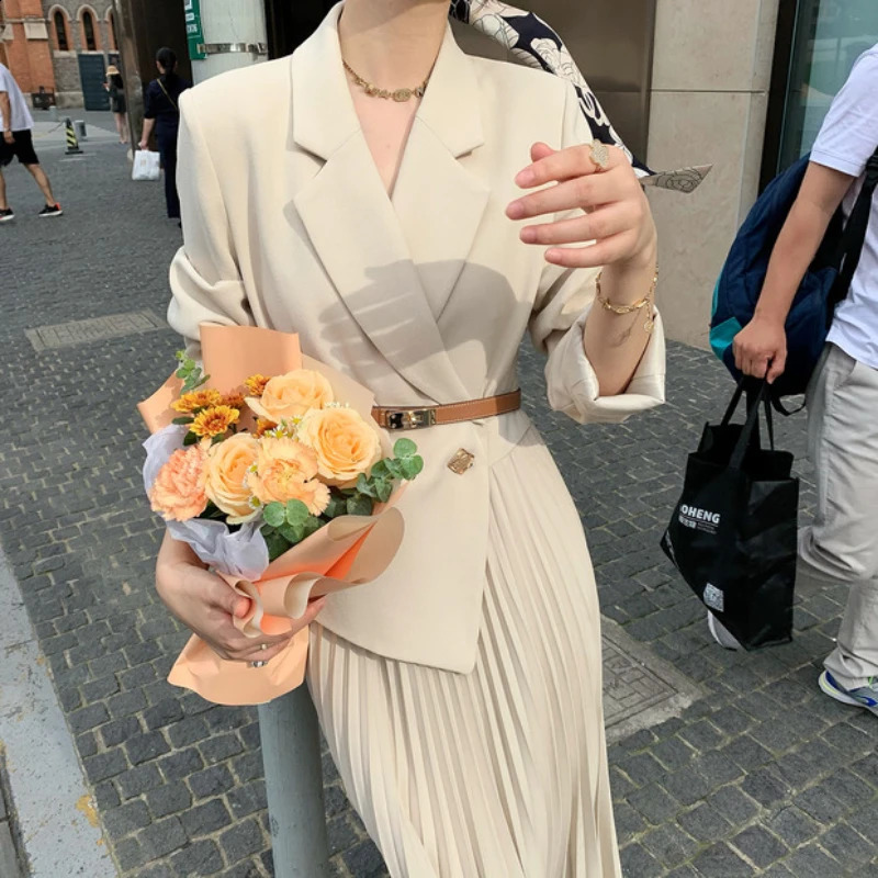 Women Blazer Dress Autumn Korean Fashion Suit Spliced Pleated Long Dress Elegant Women Stylish Outfit OL Vintage Dress 251020