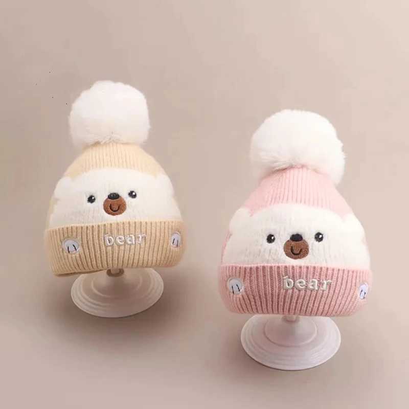 Cute Plush Ball Baby Woolen Hat Cartoon Bear Kids Ear Protection Cap 02year Children Winter Warm Pullover Cap Knitted BeaniesL251024