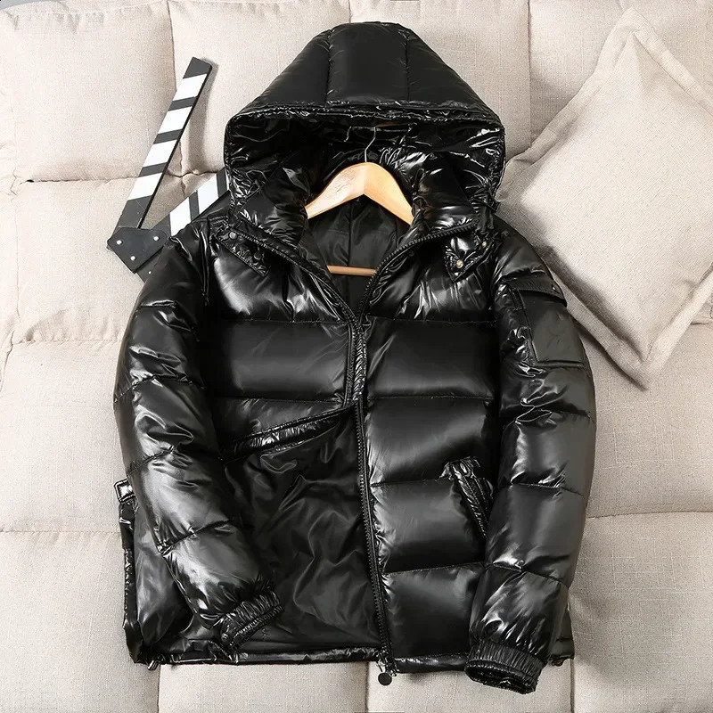 Winter Bright Down Men Fashion Casual Parkas Coat Thick Warm Glossy White Duck Zipper Male Shiny Hooded Youth Women Jacket 251020