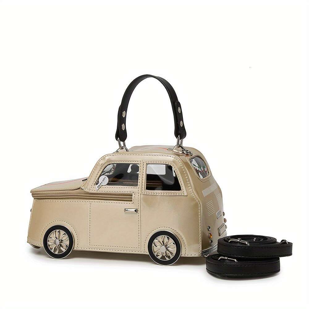 2025 New Wo 'S Vintage Car-Shaped Handbag - Cute 3D Cartoon Design With Removable Shoulder Strap, Zipper Closure Polyester Lining, Mixed Colors, 