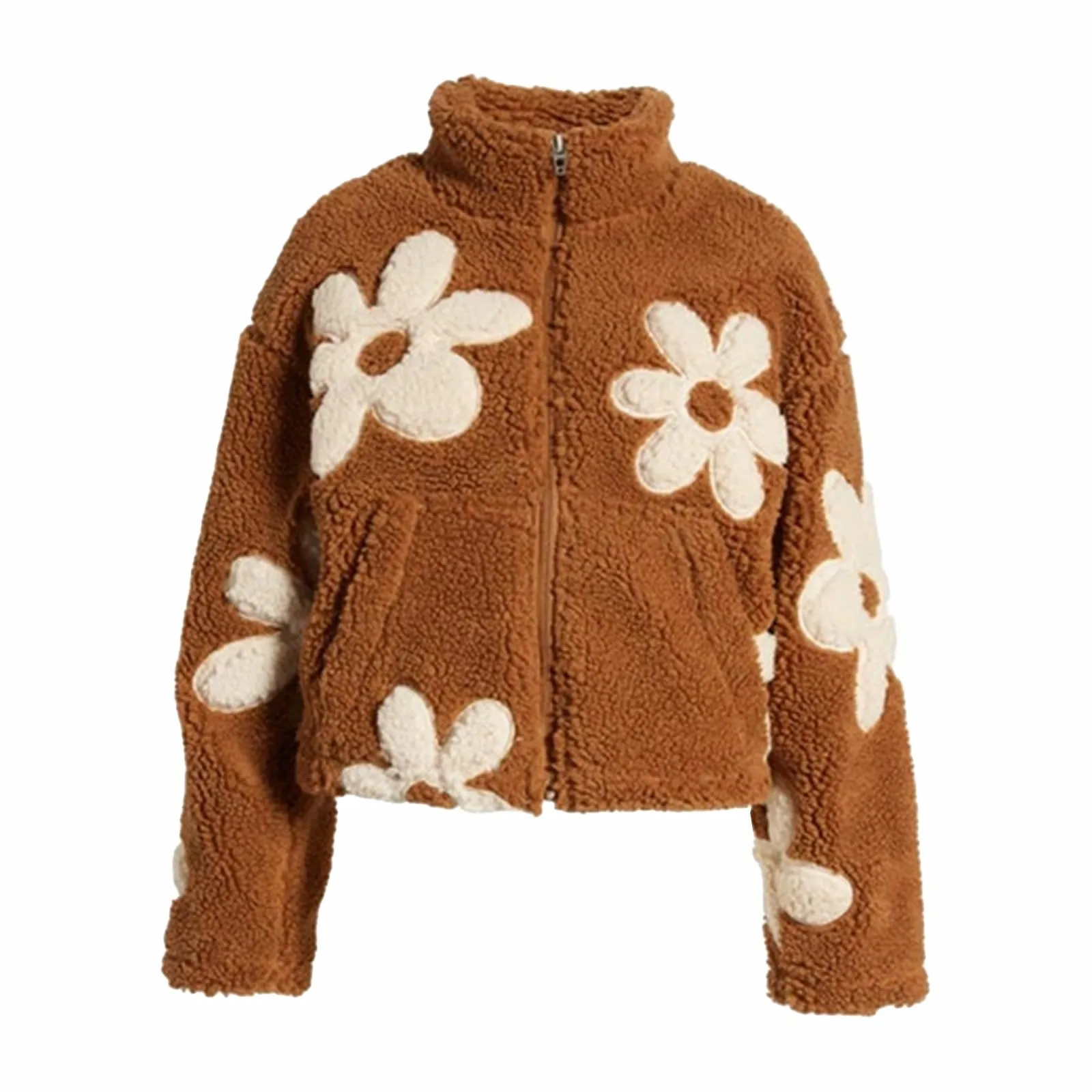 Womens Casual Floral Fleece Jackets Winter Zipper Cropped Plush Coat Female Long Sleeve Lamb Wool Outwears With Pocket Chaquetas 251021