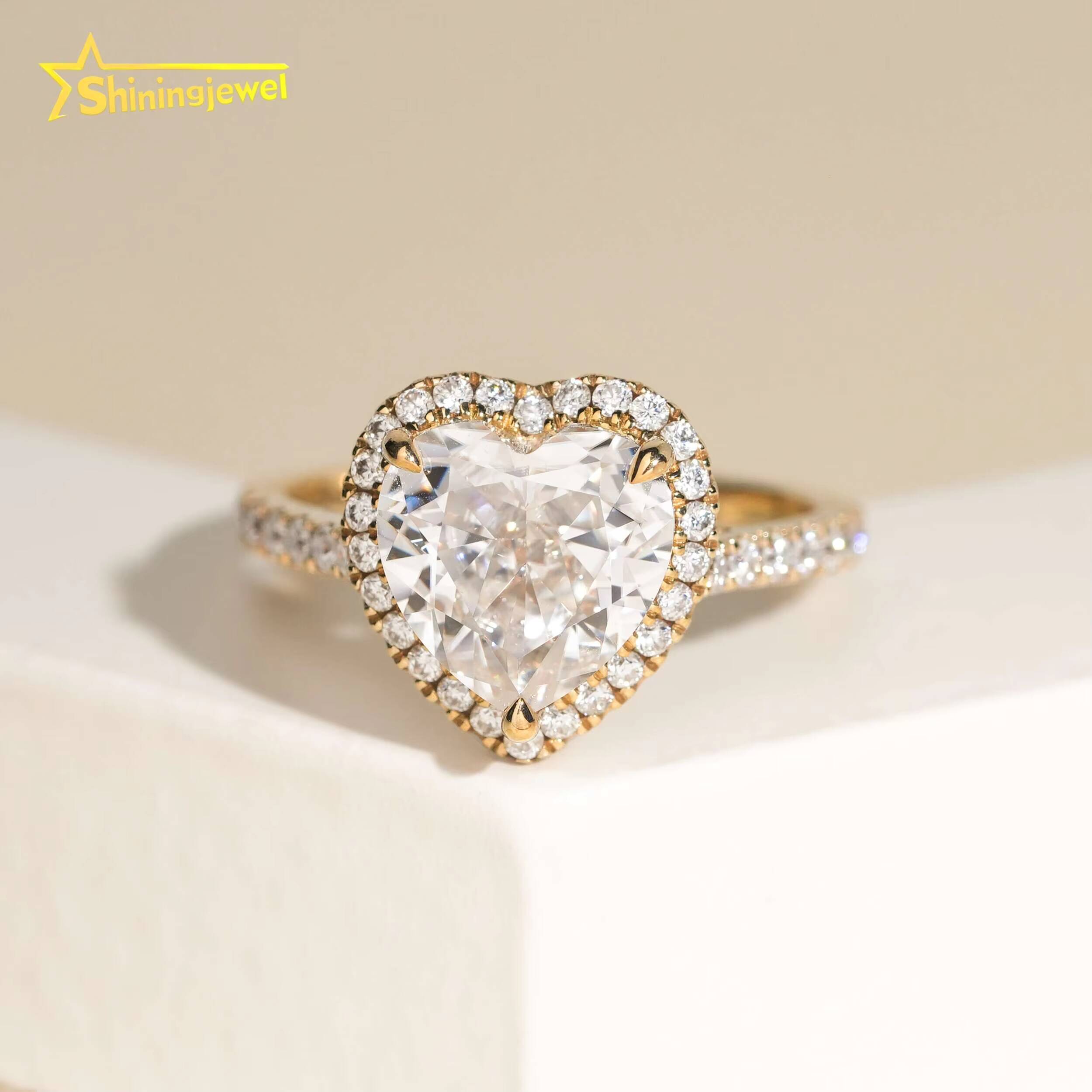 14K Solid Gold Heart Cut Cluster Half Band Paved Moissanite Lab Diamond Engagement Wedding Rings