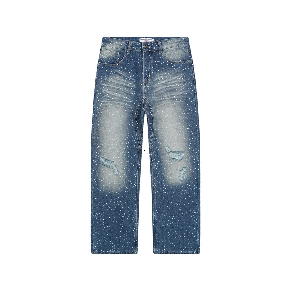 Vintage Shinning Rhinestone Washed Hole Distressed Baggy Jeans Pants for Men Straight Casual Loose Ripped Denim Trousers 251021