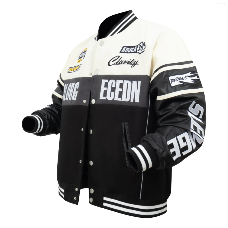 Men's Jackets Casual Baseball Jacket Motorcycle Style Embroidered Letters Button Design Long Sleeve PU Leather Patchwork Outerwear