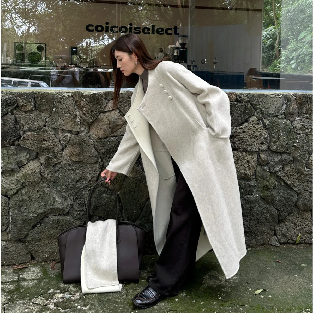 BJTZ Womens TwoTone Scarf Collar MidLength 100 Wool Coat Warm Elegant Autumn Winter Outerwear 251020