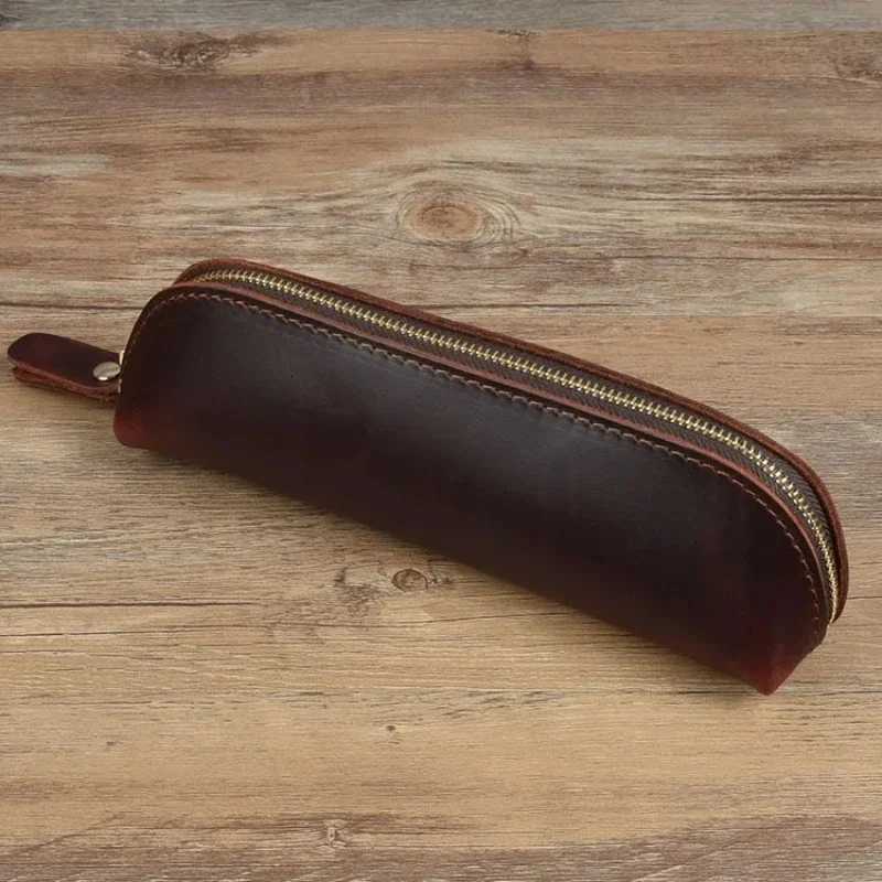 Handmade Genuine Leather Pencil Bag Retro Simple Stationery Holder Pen Case Storage Bag Zipper Pencil Pouch Glasses Case Z251023