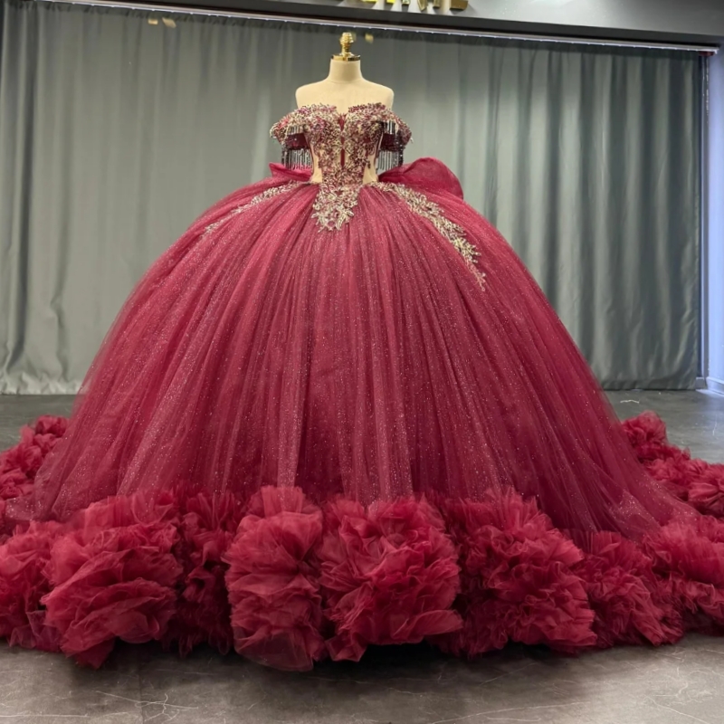 Red Shiny Quinceanera Dresses Ball Gown Off The Shoulder Applique Lace Beading Crystal Bow Tull Party Birthday Sweet 16 Dress Vestidos 15 De Anos