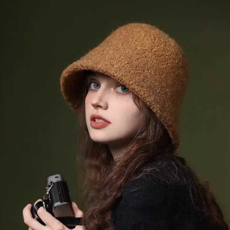 Lamb Wool Bucket Hat Classic Simple Warm Wool Lamb Fishmen Caps Fashionable Dome Hats For Women Autumn Winter Panama CapL251024
