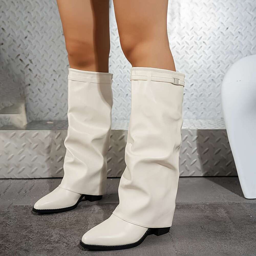 Fashion Mid-Calf Boots, Women's New High Heel Fashions, Slip-On Design Versatile Straight Leg Look All Seasons Simple Non-S