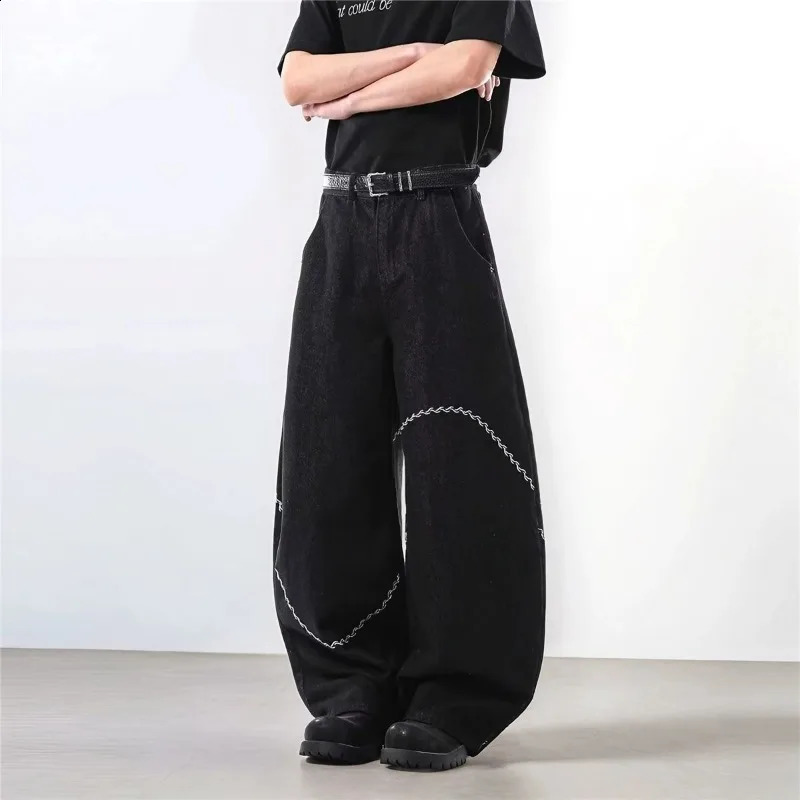 Mens Autumn Winter Korean Jeans Flared Slimming Black Embroidered Solid Denim Wide Leg Trendy n Pant Versatile 251018