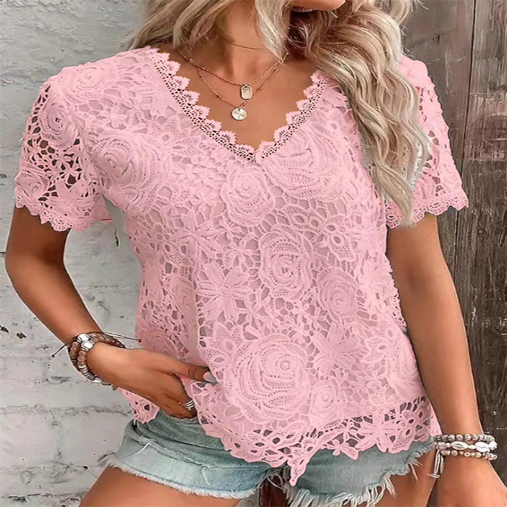 2025 New Women's Fashion Top T-Shirt Lace Trim Short Sleeve