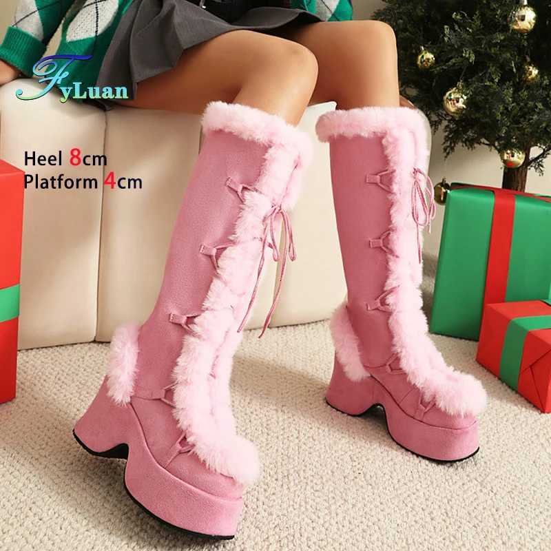 8CM Chunk Heels Winter Warm Knee High Boots Women Snow Short Plush Platform Boots Faux Fur Cosplay Laceup Long Shoes Size 3443 W251024