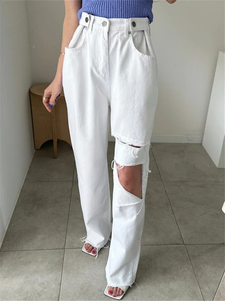 REALEFT 2025 Hole Pink Womens Denim Wide Leg Pants High Waist Spring Summer Casual White Jeans Straight Trourses Female 251023