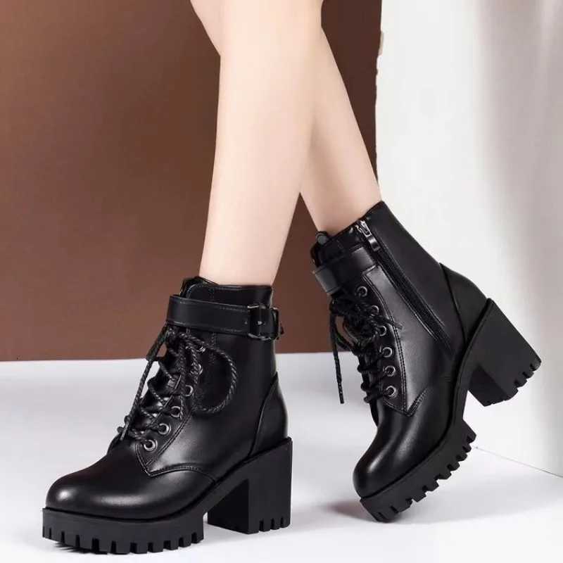 Winter Womens Boots 2025 New Lace Up Boots for Womens Fashion Thick Heel Side Zipper Ankle Boots Warm Female Motorcycle Shoes W251024