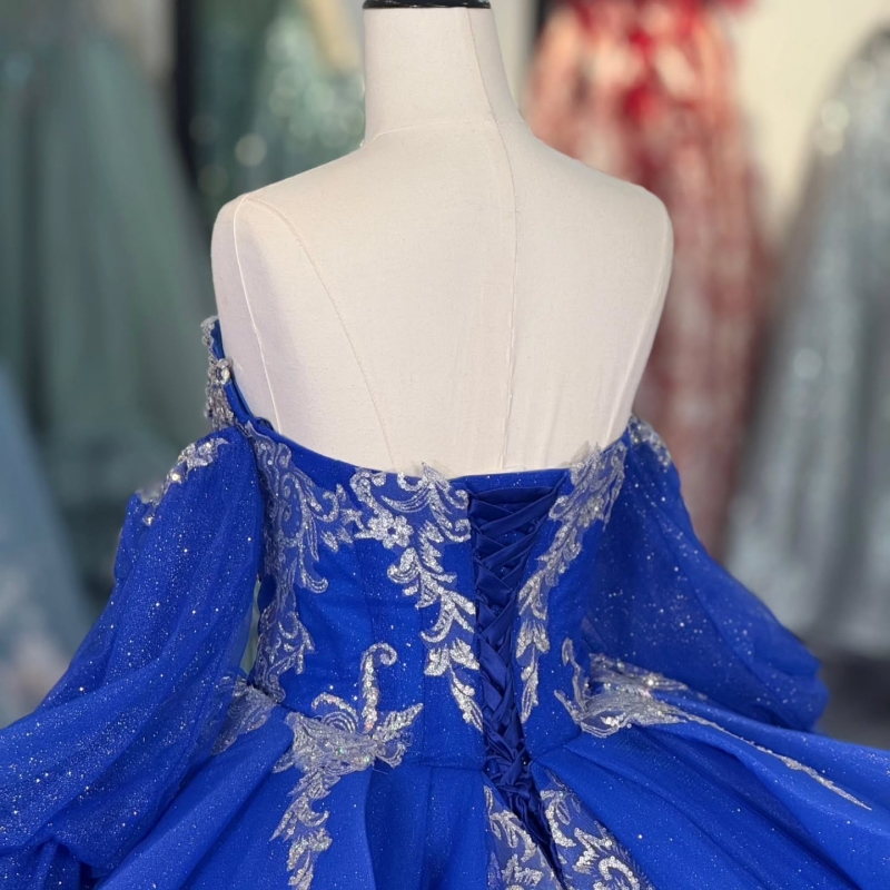 Royal Blue Shiny Quinceanera Dresses Ball Gown Off The Shoulder Applique Lace Beading Crystal Bow Corset Tull Party Birthday Sweet 16 Dress Vestidos 1