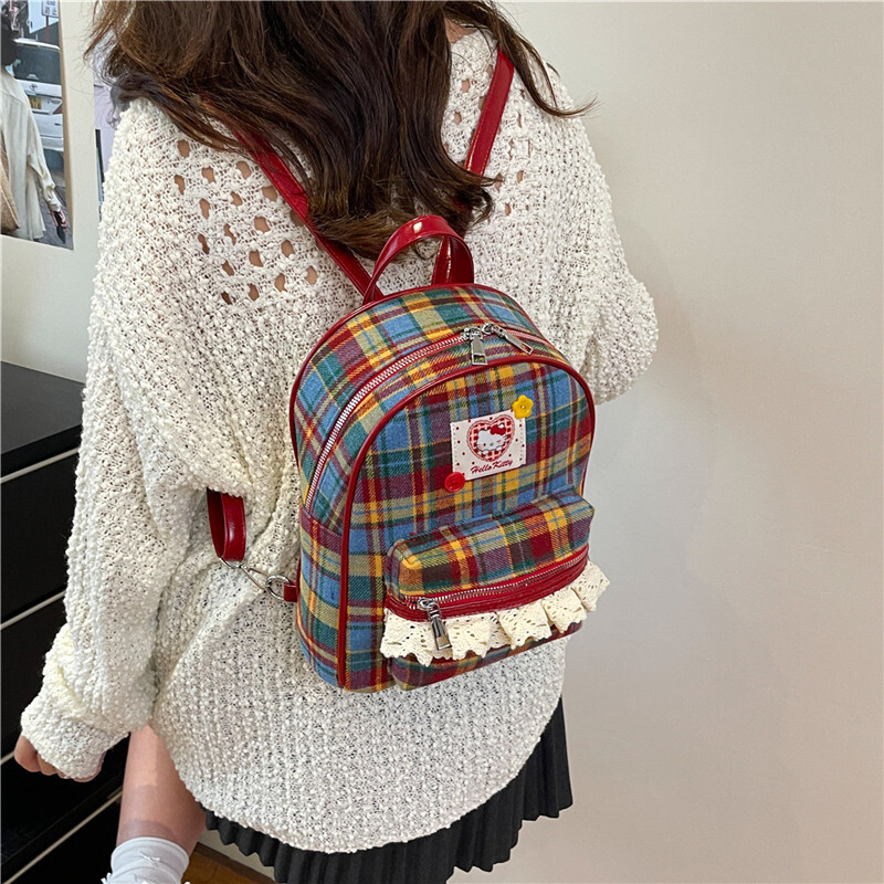 New designer women's bag English style checkered backpack cute lace color blocked girl parent-child PU small backpack