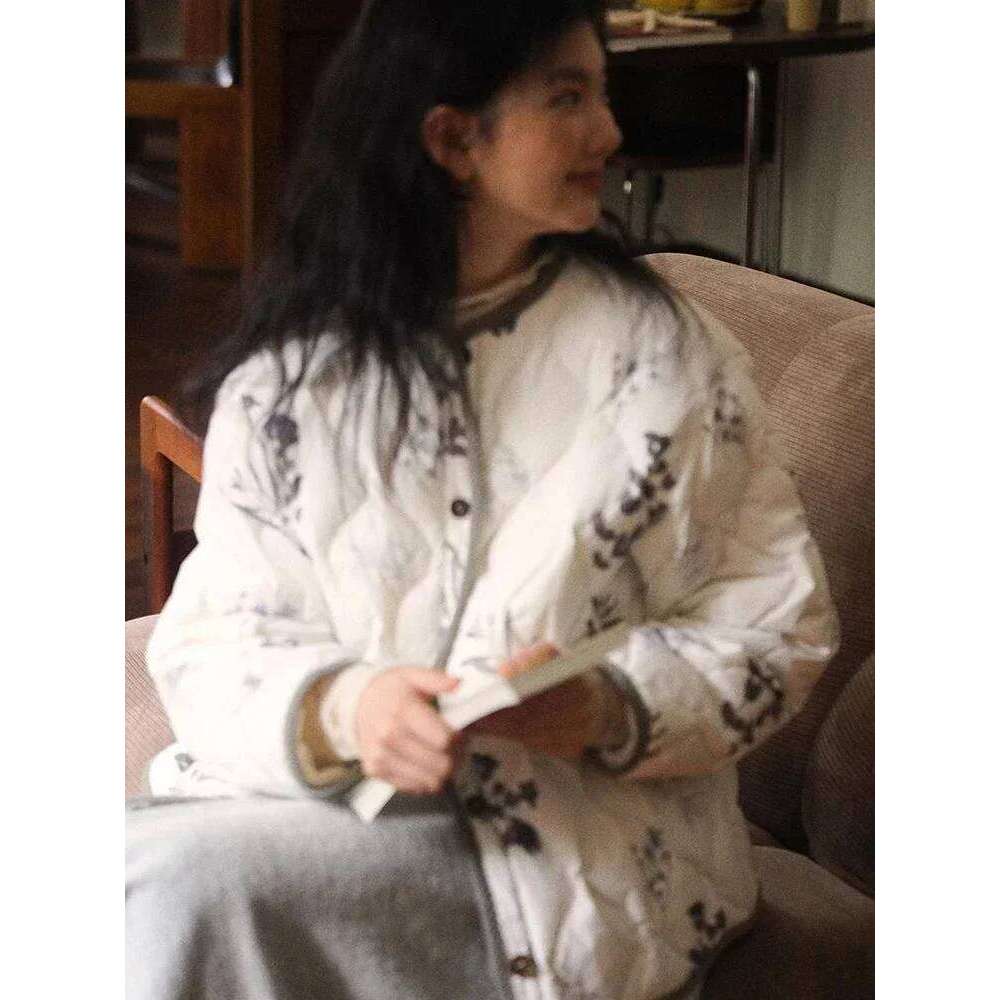 Vintage Floral Quilted Jacket Women's O Neck Single Breasted Dia Plaid Loose Warm Outwear Fashion Long Sleeve Coat Top