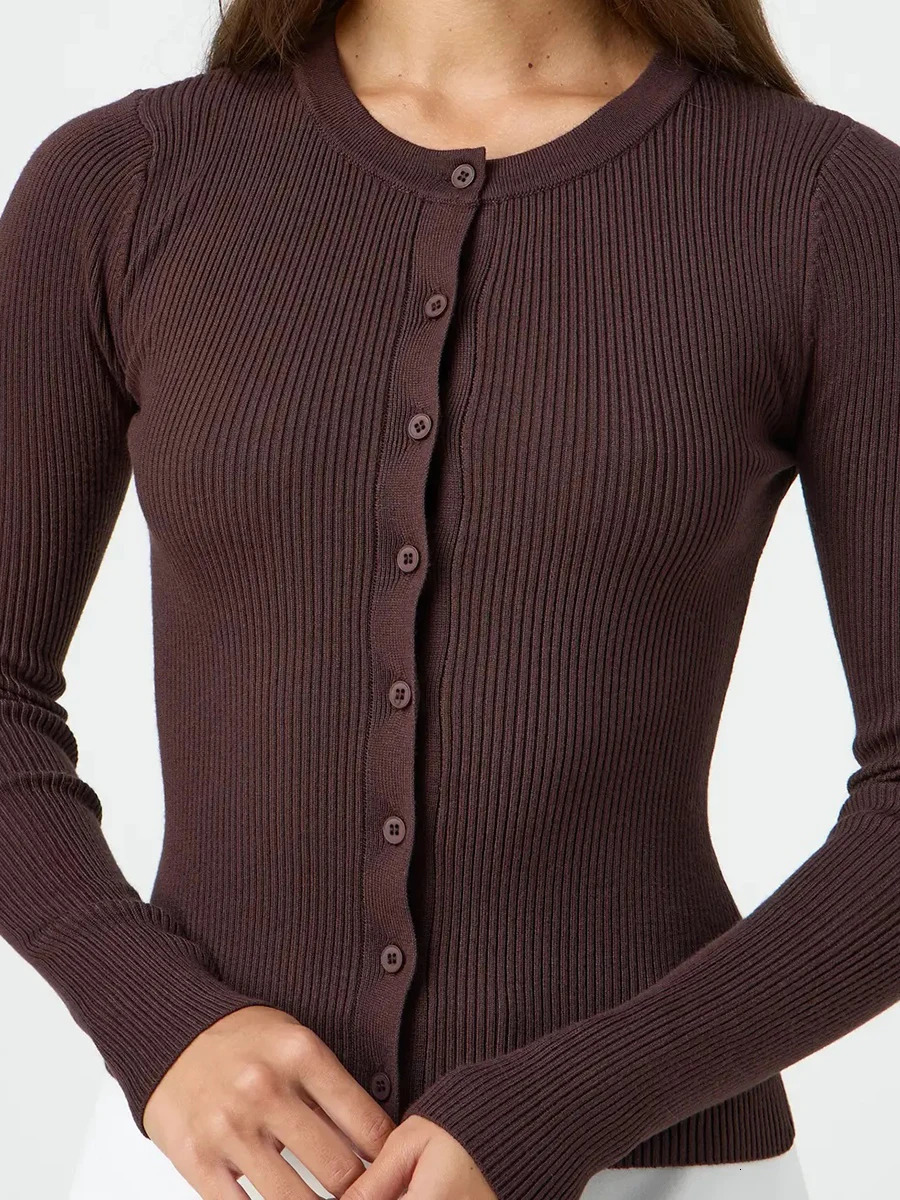 Womens Ribbed Cardigan Tops Spring Fall Solid Color Long Sleeve Round Neck Button Up Cropped Sweaters Female Casual Pullovers 251013