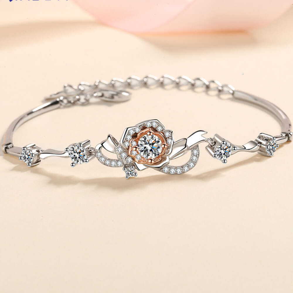 DHCollections-- XDY One Rose Flower for Women S Sier Jewelry Inlaid with Moissanite Electroplated Color-separated Bracelet