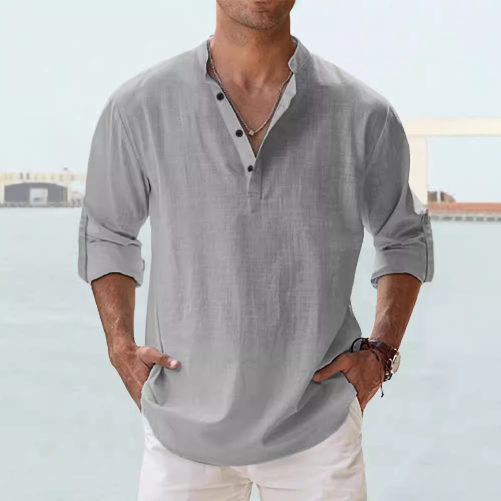 2025 Men's Stand Collar T-Shirt Loose Sweatshirt Solid Color Long Sleeve Cotton Shirt for Men