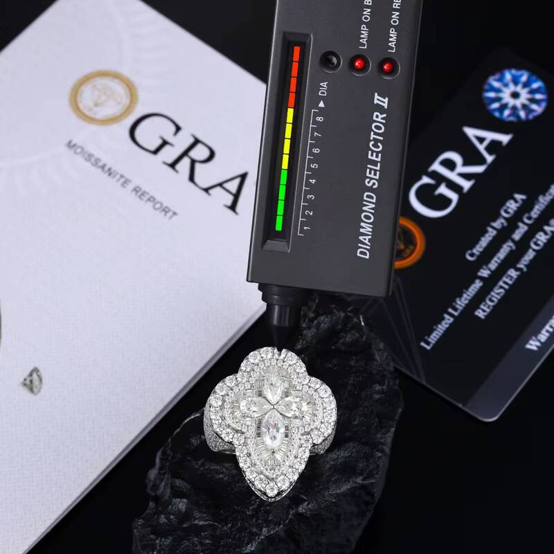 Luxurious Mens Hip Hop Jewelry 925 Sterling Silver Ring with High Quality Lab Grown Moissanite and 18k Gold Plating
