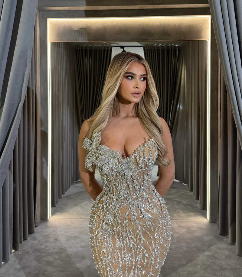 Elegant Mermaid Evening Dress Shine Crystal Prom Gowns Beads 3D-Neck Sexy Prom Dress vestidos de novia Plus Size Customized Robes De Mariee L252775