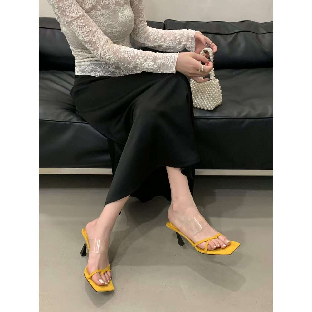 2025 Designer Shoe New Simple Versatile Strap Transparent Square Toe One-Strap Clip-Toe Thin High Heel Outdoor Sandals