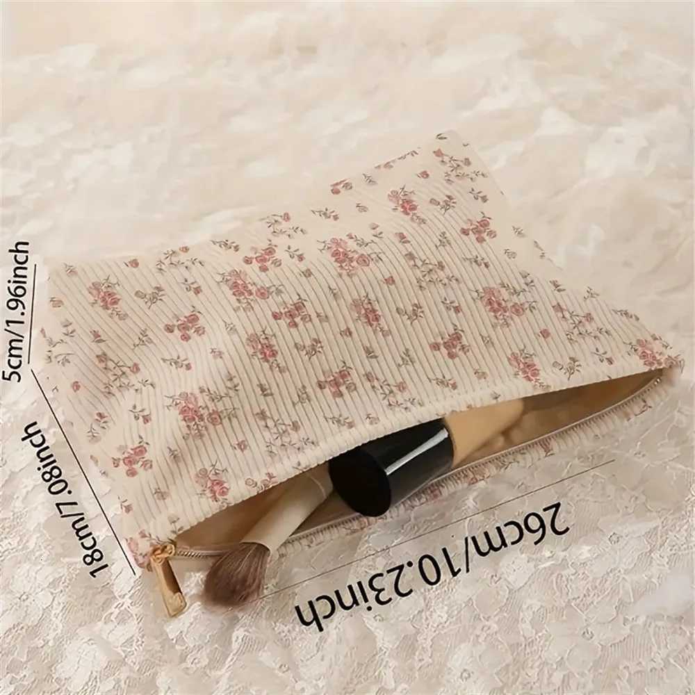 Pink floral Cosmetic Bag Corduroy Zipper Makeup Organizer Lightweight Portable Cosmetic Storage Bag for Women Travel HandbagT251024