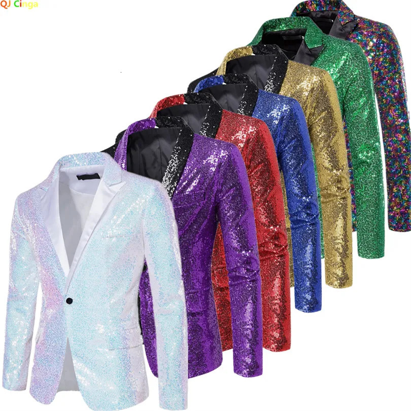 Shiny Sequin Mens Suit Jacket Stage Performance Coat White Silver Blue Red Purple Blazers Vneck Single Button S M L XL XXL 251021