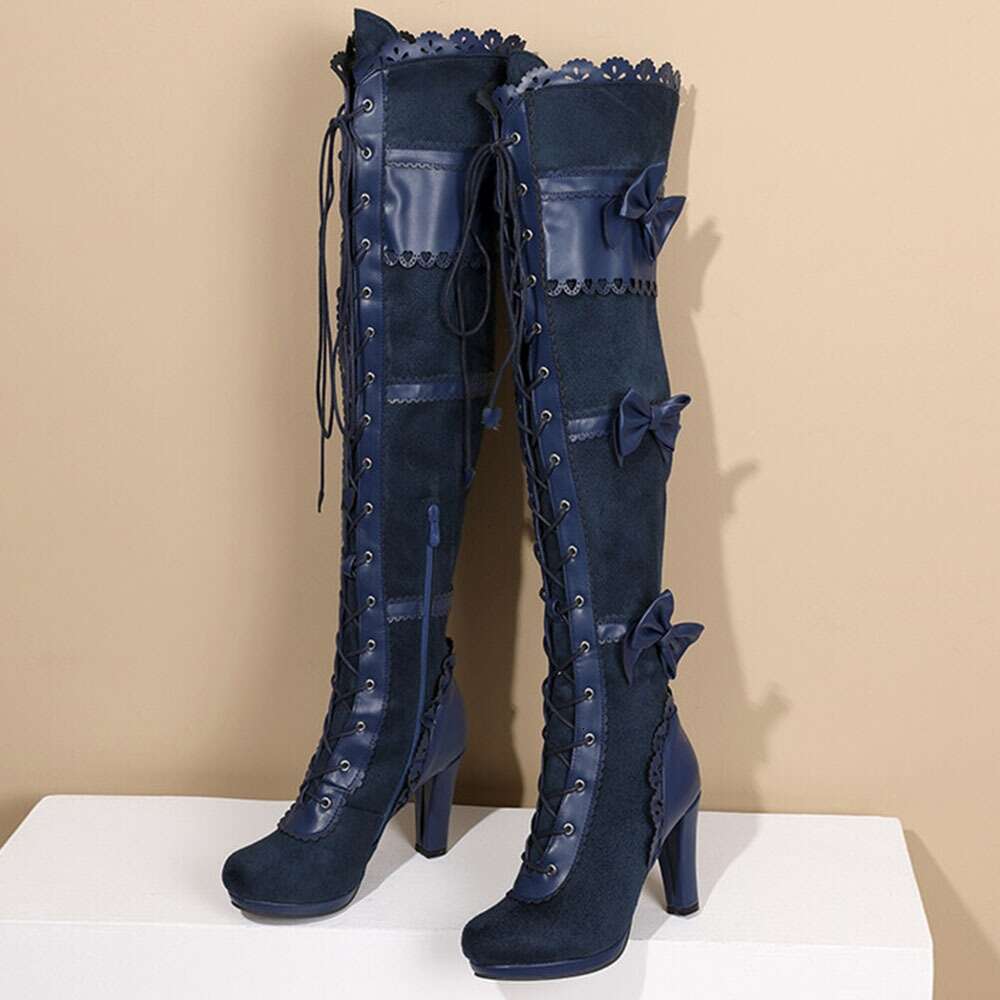 AMINUGAL Women's Steampunk Gothic Pirate - High Heel Over-The-Knee Lace-Up Thigh Boots With Bowknot Detail, Chunky Mid-Heel, PU Cover & Rubber So