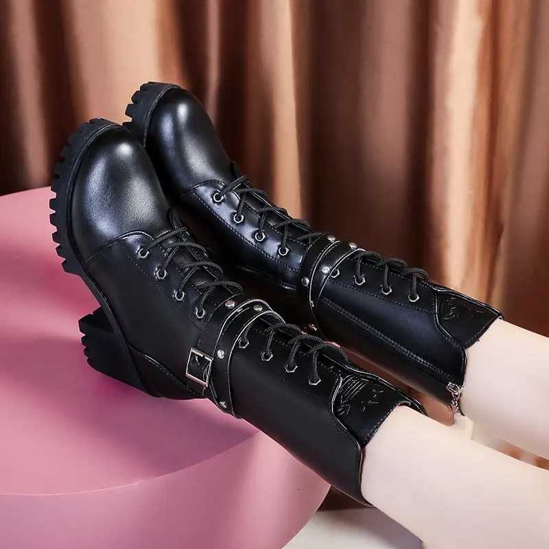 Winter New Solid Color Thick Sole Increase Buckle Design Model Boots Round Head Square Heel Nonslip Womens Midcalf Boots W251024
