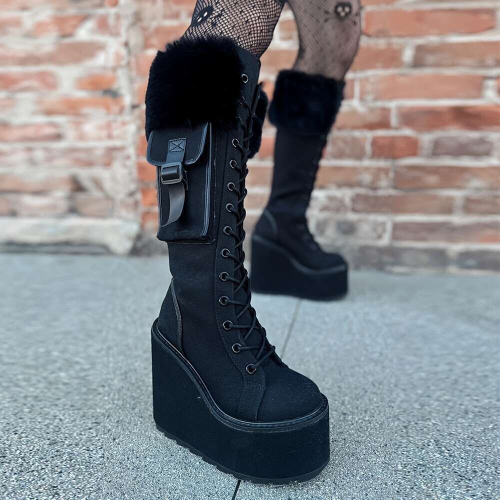 Goth Knee Fashion Wedges High Heels Lace-Up Boots, Women Round Toe Black Platform Combat Womens Lace Up Wedge Chunky Block Heel Punk Boots Gothic Moto