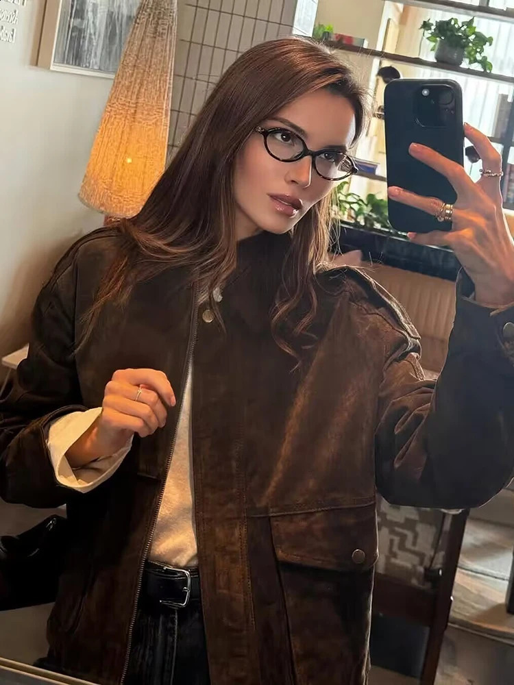 Yaphleet Women Elegant Suede Brown Bomber Jackets Fashion Ladies Casual Loose Outfits for Vintage Female Chic Clothes Cute 251020
