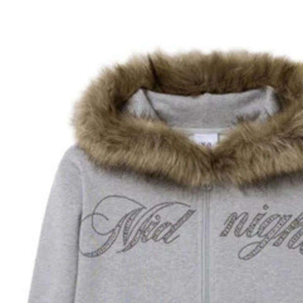 American Vintage Rock Gothic Graphic Fur Collar Loose Zipper Sweatshirt Men Y2k New Haruku Punk Casual Joker Hoodie Streetwear