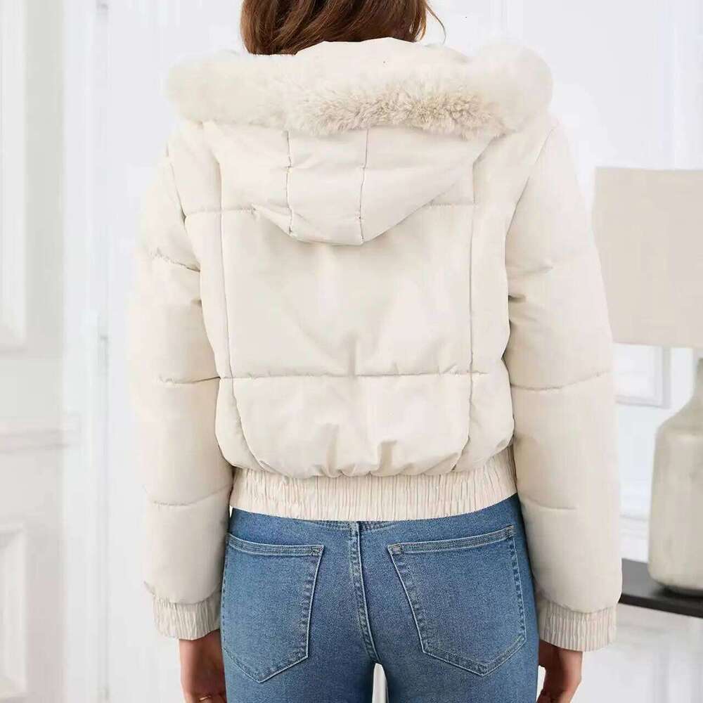 New Winter Warm Hooded Down Cotton Women Thickened Fleece Lining Big Fur Collar Long Sleeve Short Parkas Jacket Coat