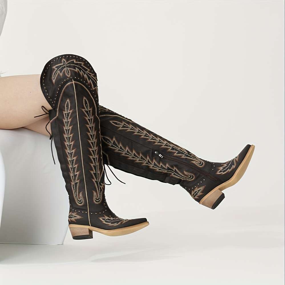 Women's Western Cowgirl Thigh-High Cowboy - Embroidered Chunky Heel With Back Lace-Up, Side Zipper & Studded Detailing, Pointed Toe Faux Cover Bo